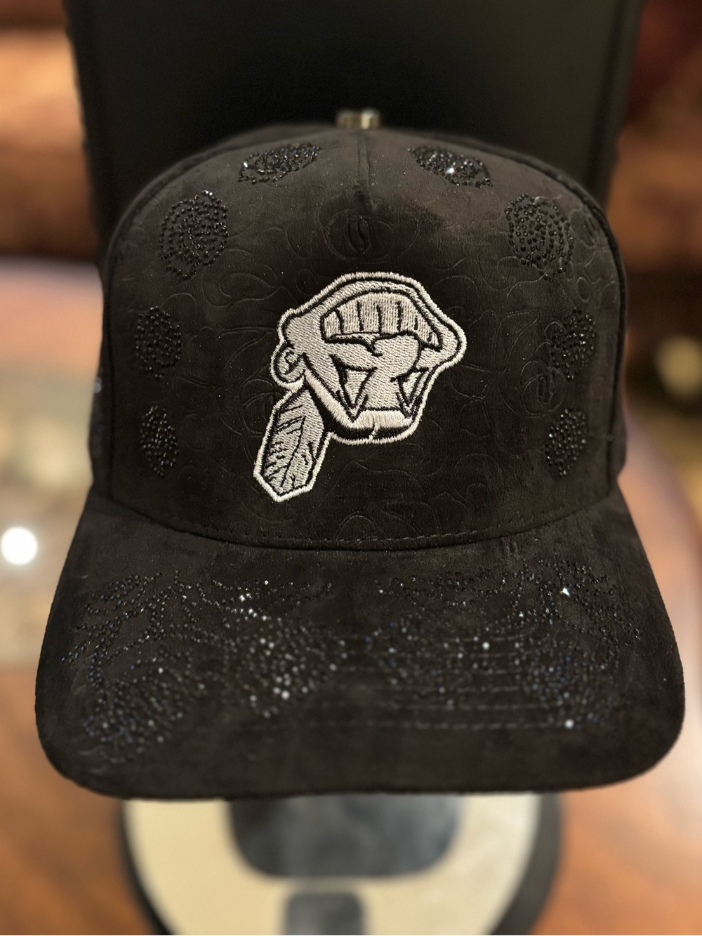 Cleveland Indians Black Suede Roses Printed Rhinestone Snapback Hat